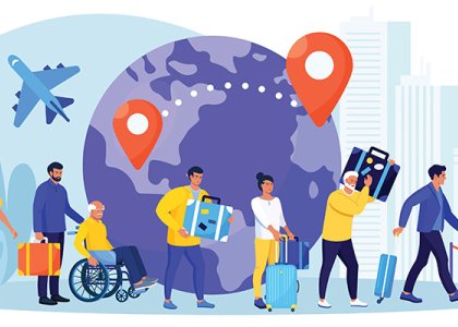 People in line holding luggage with globe and airplane in the background to illustrate migration trends 