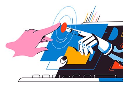 illustration of hand coming out of computer to touch human hand to illustrate AI solutions