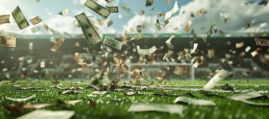 cash raining down on a football field