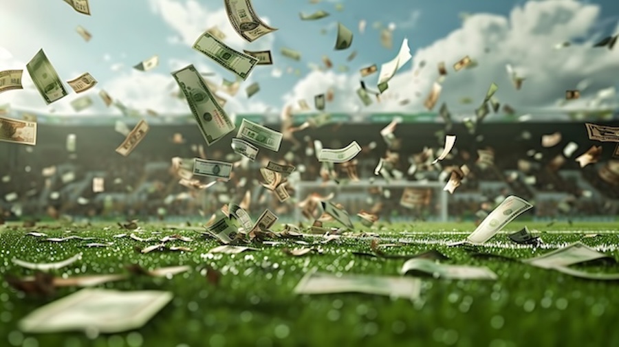 cash raining down on a football field