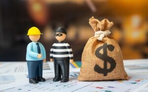 figurine construction worker and robber talking beside a money bag