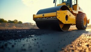 Road roller compacting asphalt pavement