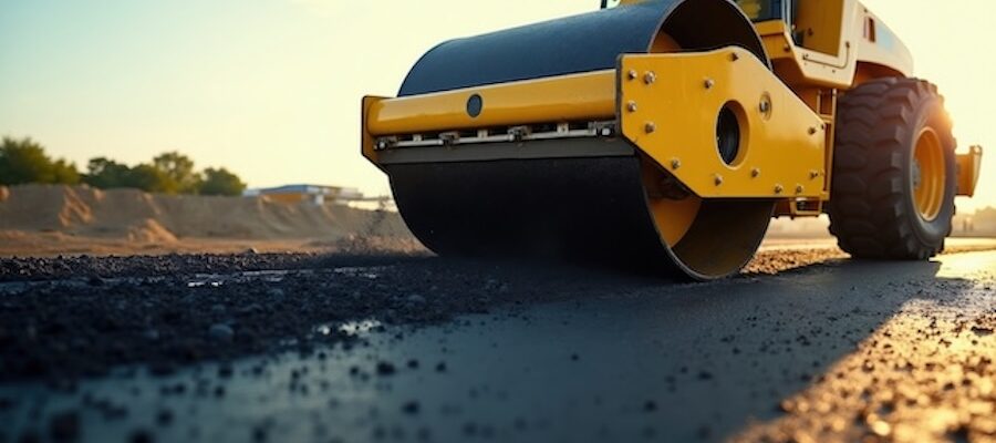 Road roller compacting asphalt pavement
