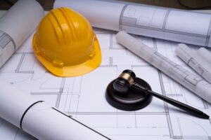 Hardhat and gavel atop blueprints