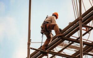 Construction worker climbing steel framework