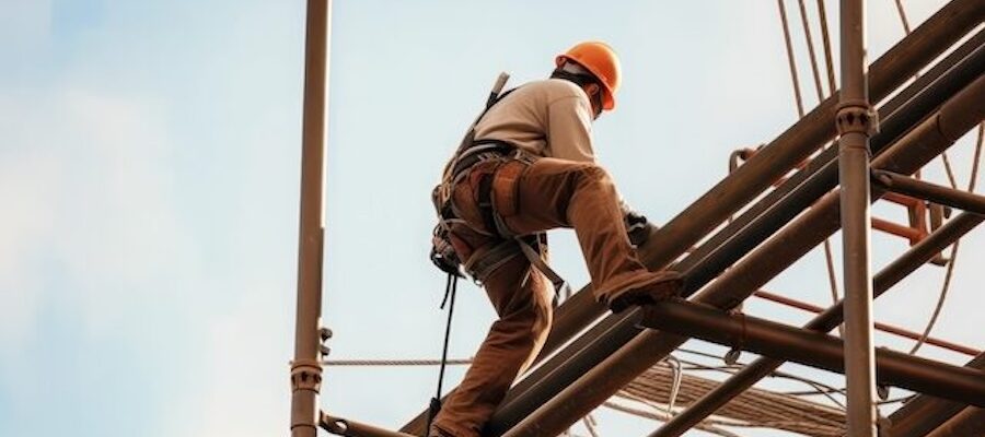 Construction worker climbing steel framework