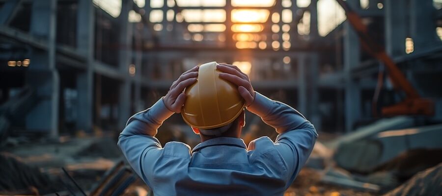 construction worker frustrated with hands on head