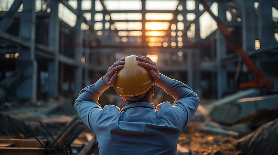 construction worker frustrated with hands on head