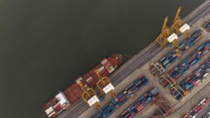 Aerial view of busy shipping port
