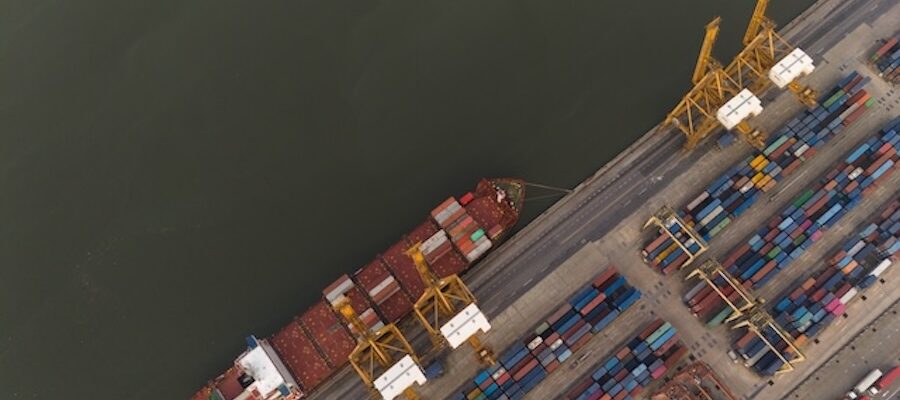 Aerial view of busy shipping port
