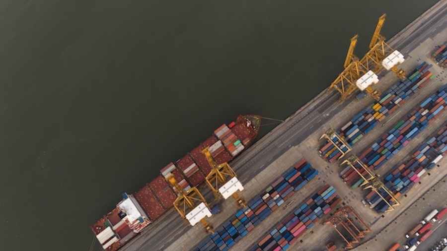 Aerial view of busy shipping port