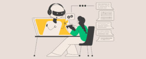 Illustration of person talking to robot on computer to show AI use