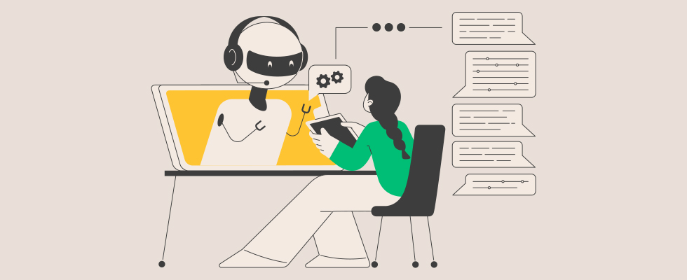 Illustration of person talking to robot on computer to show AI use
