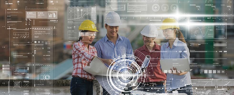 Contractors with tech symbols to illustrate construction tech adoption