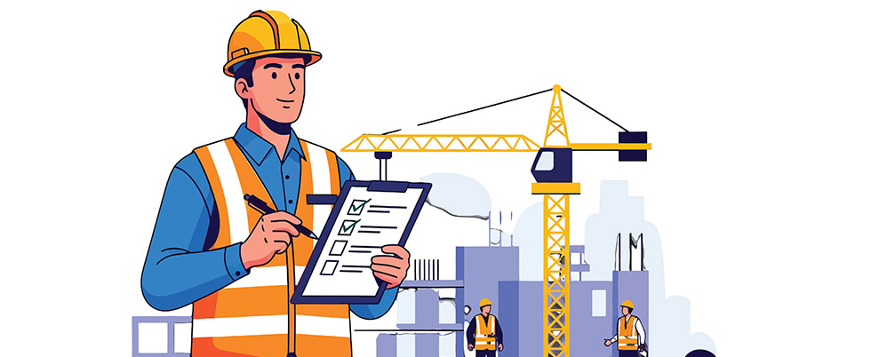 Illustration of construction worker with clipboard to show building code compliance