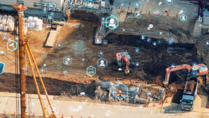 construction equipment with tech symbols overlaying image
