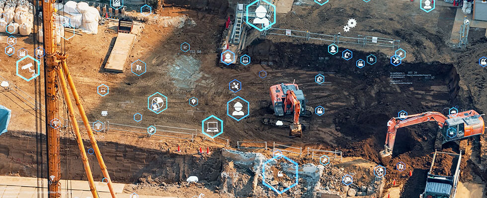construction equipment with tech symbols overlaying image