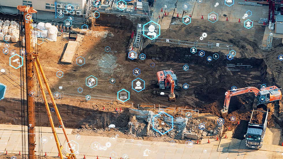 construction equipment with tech symbols overlaying image