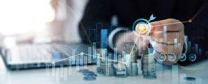 Tech and business symbols overlaying office worker