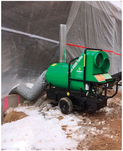 Green ground heater venting into enclosed construction area