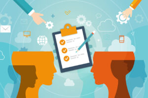illustration of Two people reviewing a project checklist