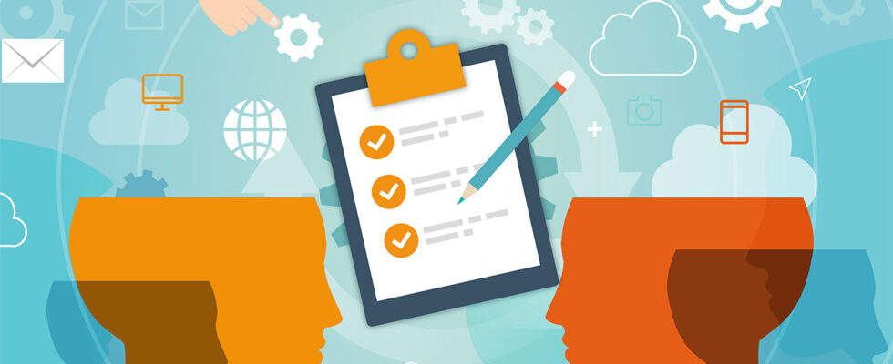illustration of Two people reviewing a project checklist