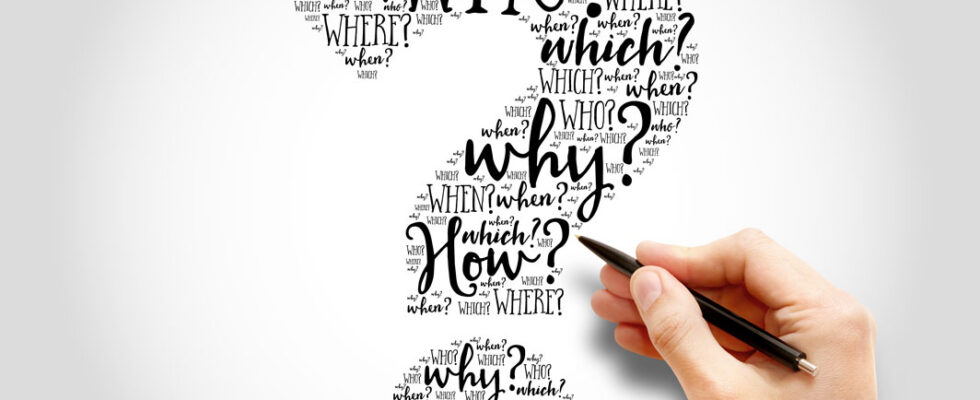 Hand drawing a question mark with words
